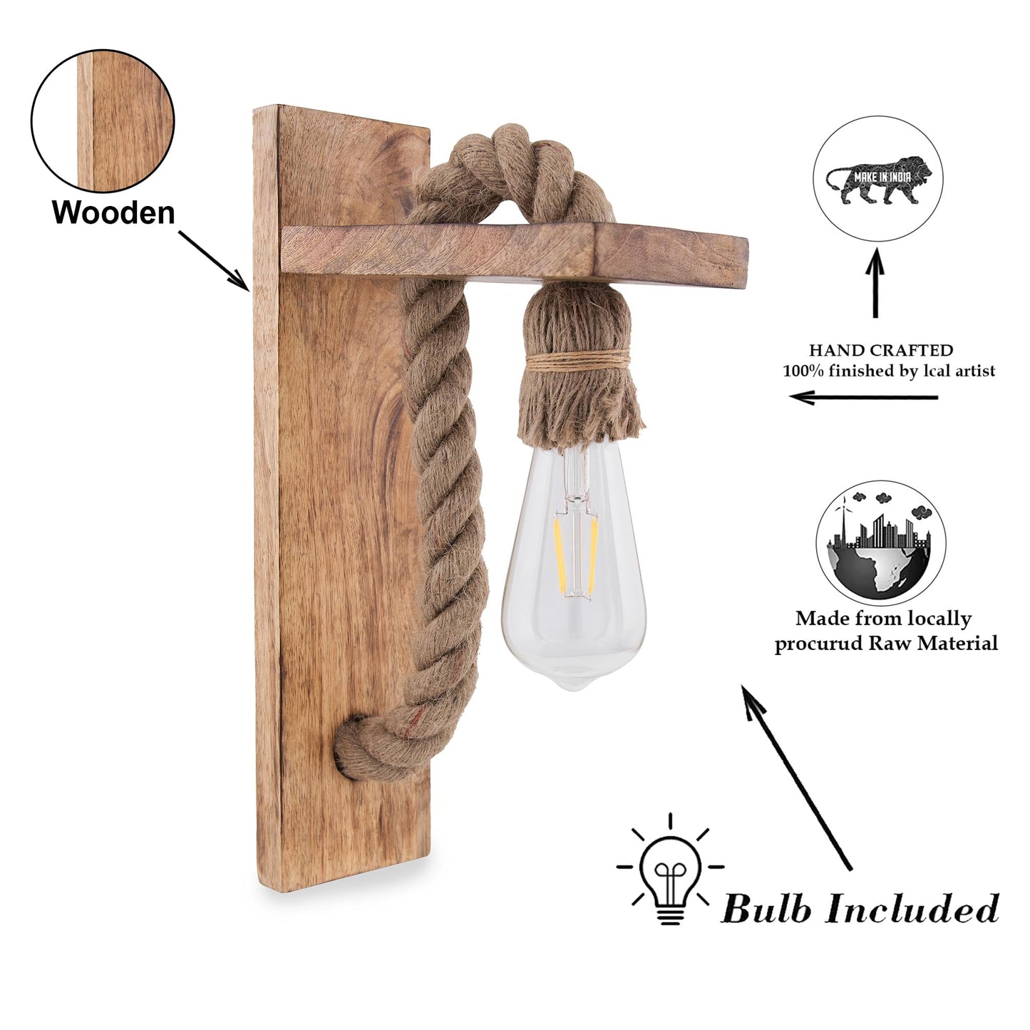 Rope Wall Lamp with Wooden Stand, E27 Holder with LED Filament Bulb, Decorative, Urban Retro Style, Antique Wood