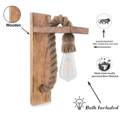 Rope Wall Lamp with Wooden Stand, E27 Holder with LED Filament Bulb, Decorative, Urban Retro Style, Antique Wood