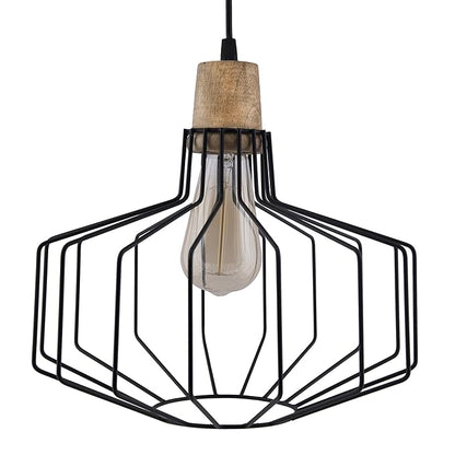 Industrial Loft Black Metal Cage Wood Art Pendant, Hanging Ceiling Lights, Edison Vintage light