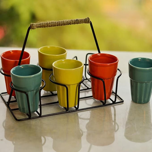 Copy of Chai Glass With Stand, Ceramic Chai Glass (4 Glasses), Multicolour