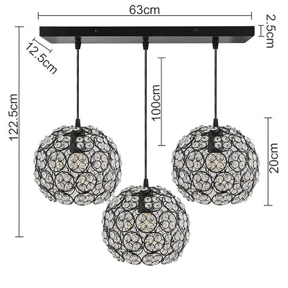 3-Lights Linear Cluster Globe Chandelier Quad Crystal Hanging Light, Decorative, Black, Kitchen Area and Dining Room Light, LED/Filament Light