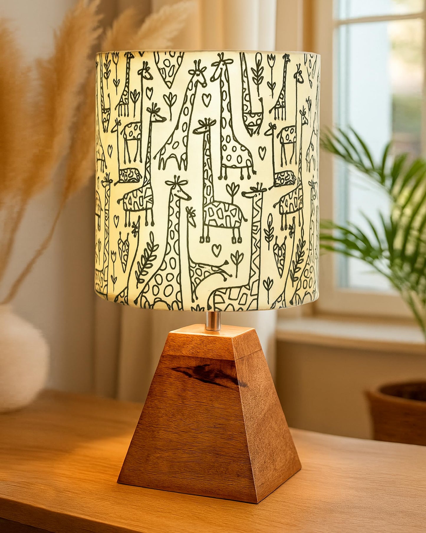 Wood Table Lamp, Modern Base Fabric Lampshade for Home Office Cafe Restaurant, Pyramid