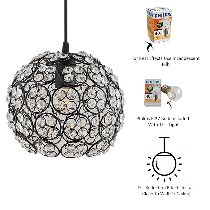 Matt Black Quad Crystal Hanging Globe Light, Ceiling Light, Nordic E27 Pendant, Large