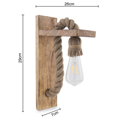 Rope Wall Lamp with Wooden Stand, E27 Holder with LED Filament Bulb, Decorative, Urban Retro Style, Antique Wood