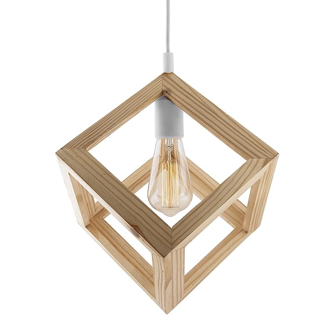 Modern Nordic Wooden Pendant Cube Light, with Silicon Holder, Restaurant Dining Kitchen Hanging Light with Fixture, LED/Filament