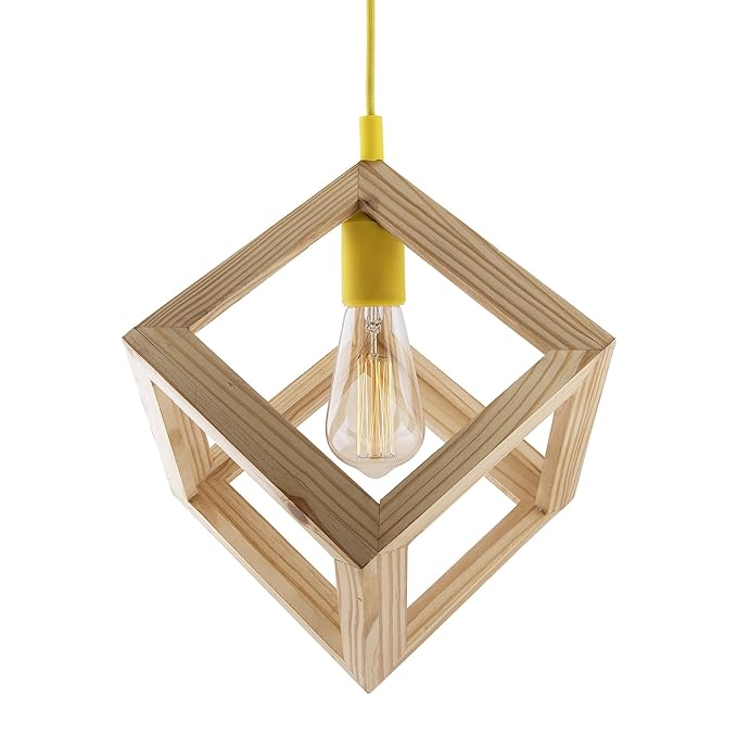 Modern Nordic Wooden Pendant Cube Light, with Silicon Holder, Restaurant Dining Kitchen Hanging Light with Fixture, LED/Filament