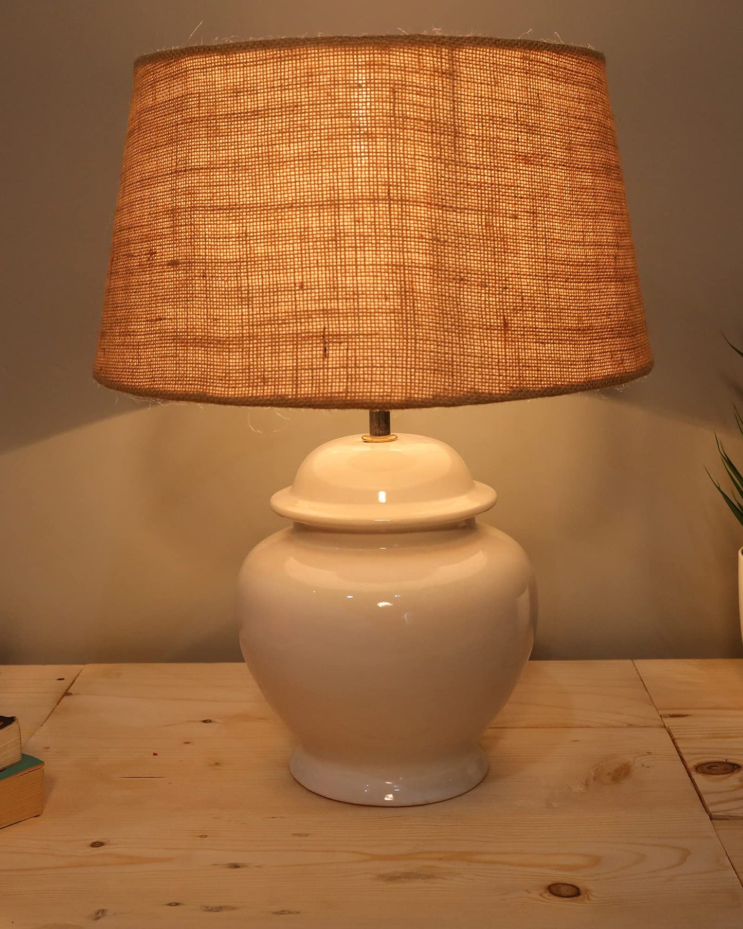 Homesake® Ceramic Pot Shaped Base White Table Lamp with Shade, LED Bulb (Jute)