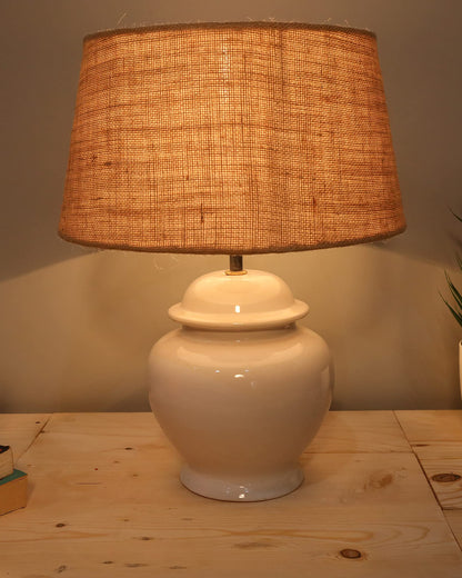 Homesake® Ceramic Pot Shaped Base White Table Lamp with Shade, LED Bulb (Jute)