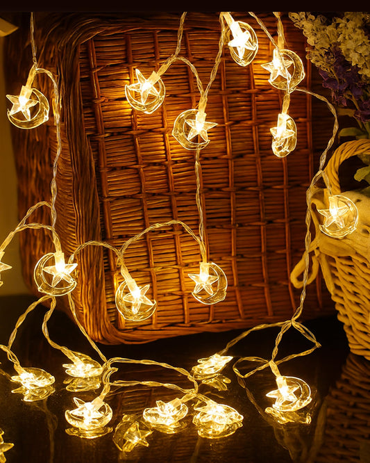 Homesake® 20-Led fairy lights for room Decorations Copper String Diwali Lights Waterproof, Warm White, Diwali Decoration for Home, Festive Decor, Led Lights for Decoration (Moon and Star),5 Meters
