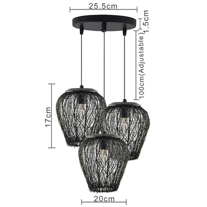 3-Lights Cluster Chandelier Black Steel Wire Mesh Pendant, Decorative, Black, URBAN Retro, Nordic Style, LED/Filament Bulb