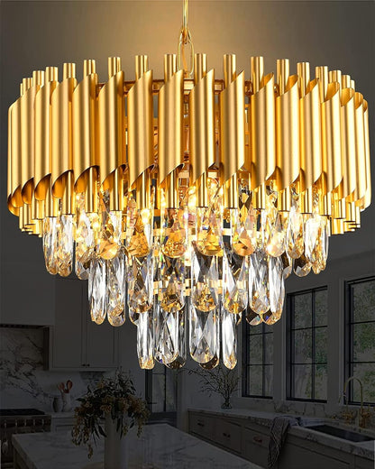 15" 5-Light Modern Crystal Chandelier Light Fixtures 3-Tier Gold Luxury Chandeliers for Dining Room Round Hanging Pendant Lighting for Living Room Kitchen Entryway, Bedroom Hallway 400mm