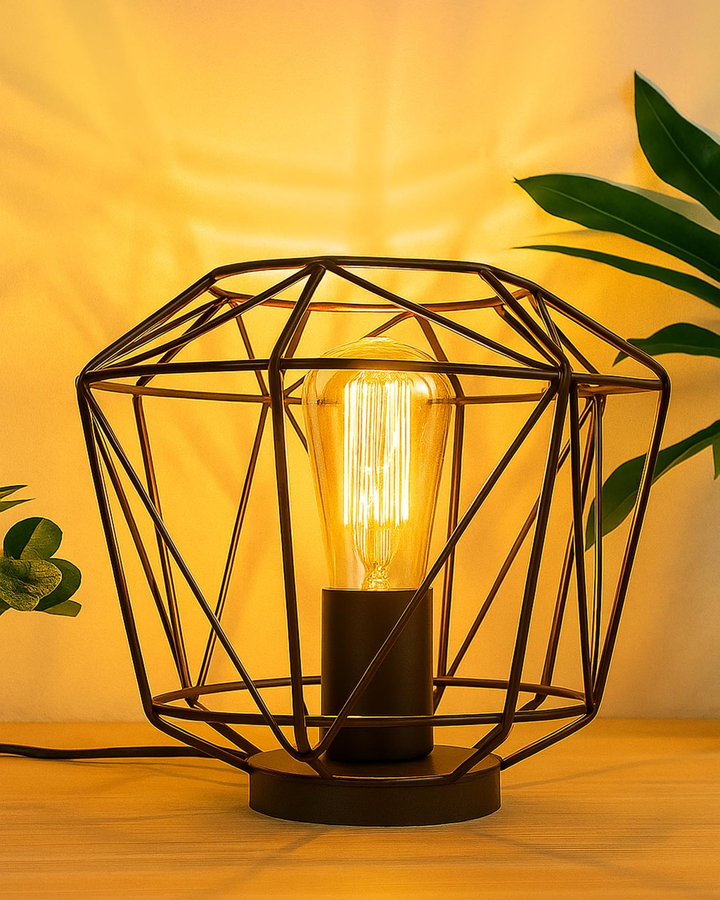 Homesake® Metal Cage Table Lamp, Vintage Flame E27 Decorative Bedside Incandescent Light (Geometric), Black