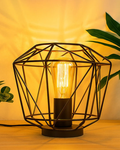 Homesake® Metal Cage Table Lamp, Vintage Flame E27 Decorative Bedside Incandescent Light (Geometric), Black