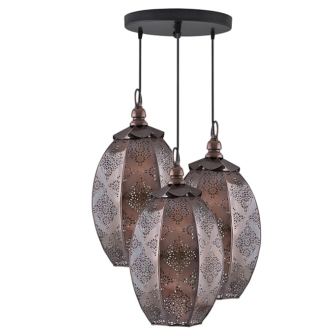3-Lights Round Cluster Chandelier Ceiling Antique Finish Oval Moroccan Hanging Pendant Light with Braided Cord, URBAN Retro, Nordic Style, LED/Filament Bulb3-Lights c Style, LED/Filament Bulb