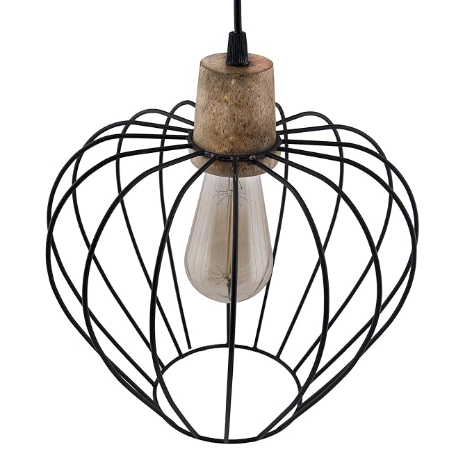 Industrial Loft Black Metal Chimney Cage Wood Art Pendant, Hanging Ceiling Lights, Edison Vintage light