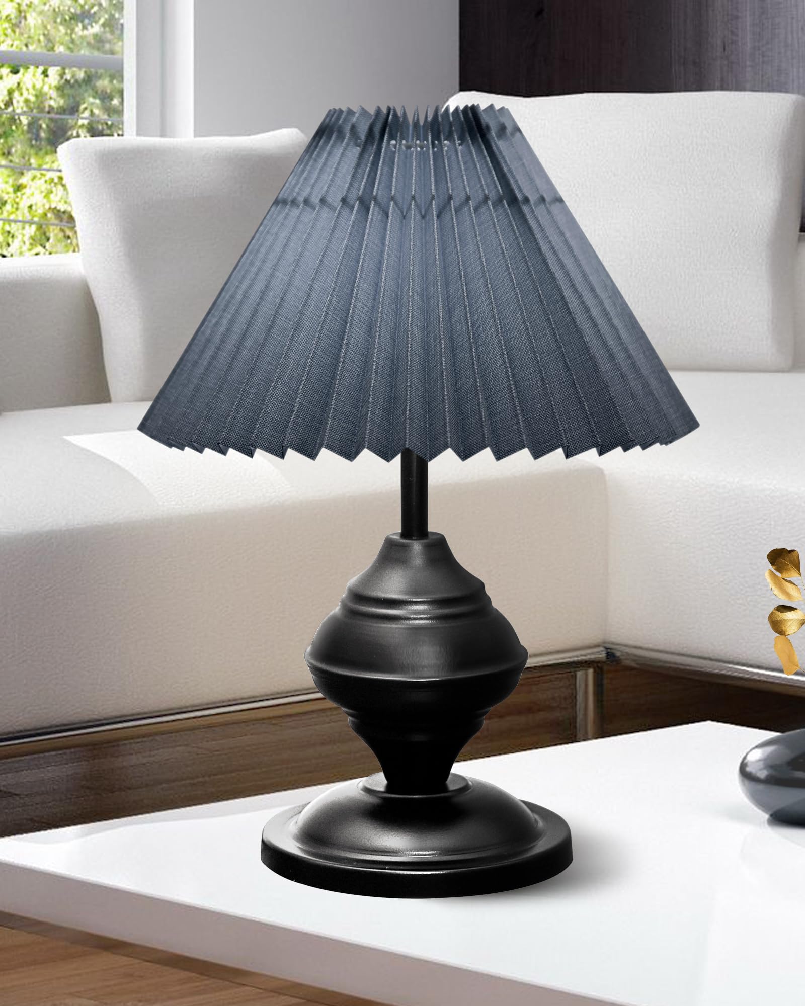 Bedside Black Metal Table Lamp with Fabric Shade, E27 holder, Urn, Pleated Jute Shade