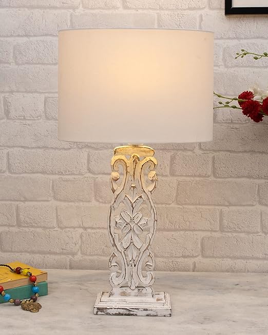 Sculptural Hand Carved Wood Table Lamp with Oval White shade, Antique Black