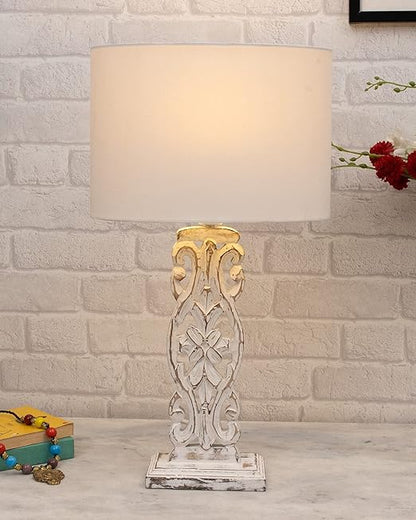 Sculptural Hand Carved Wood Table Lamp with Oval White shade, Antique Black