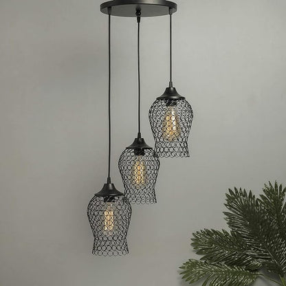 3-lights Round Cluster Chandelier Black Chimney Hanging Pendant Light with Braided Cord