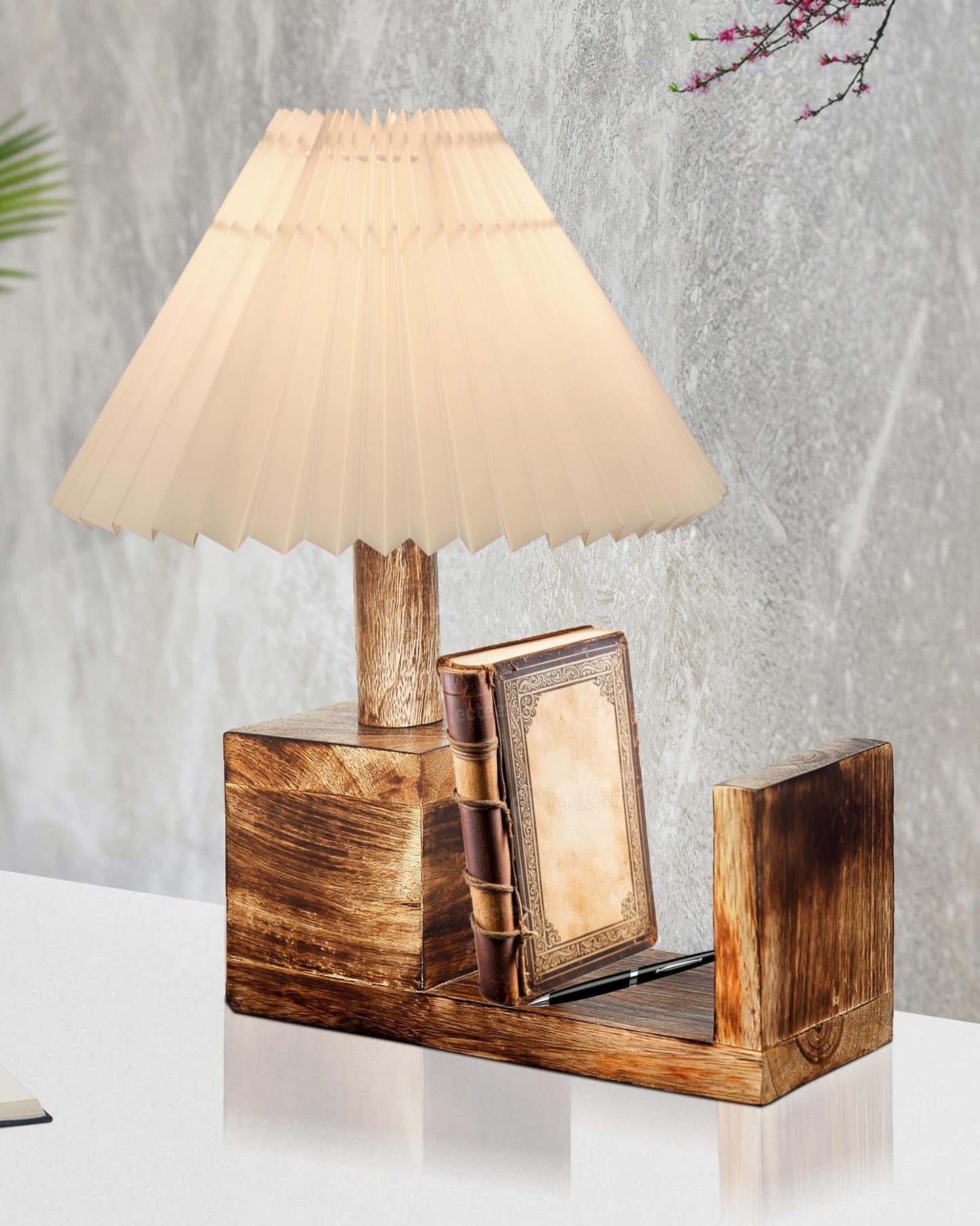 Wood Tripod Small Table Lamps, Rustic Antique Dimmable Bedside Lamp with Linen Lampshade, Nightstand Lamp for Nursery, Bedroom, Kid Room, Living Room,