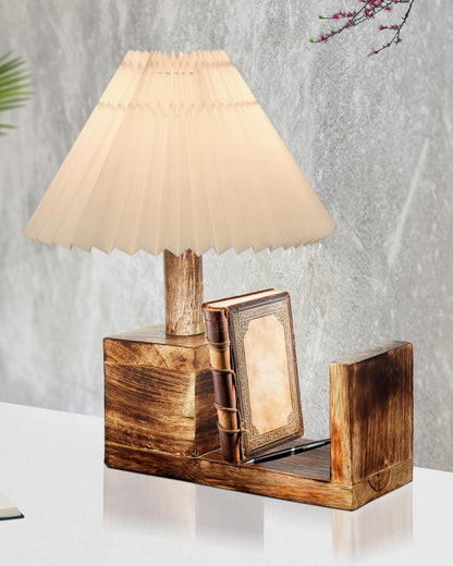 Wood Tripod Small Table Lamps, Rustic Antique Dimmable Bedside Lamp with Linen Lampshade, Nightstand Lamp for Nursery, Bedroom, Kid Room, Living Room,