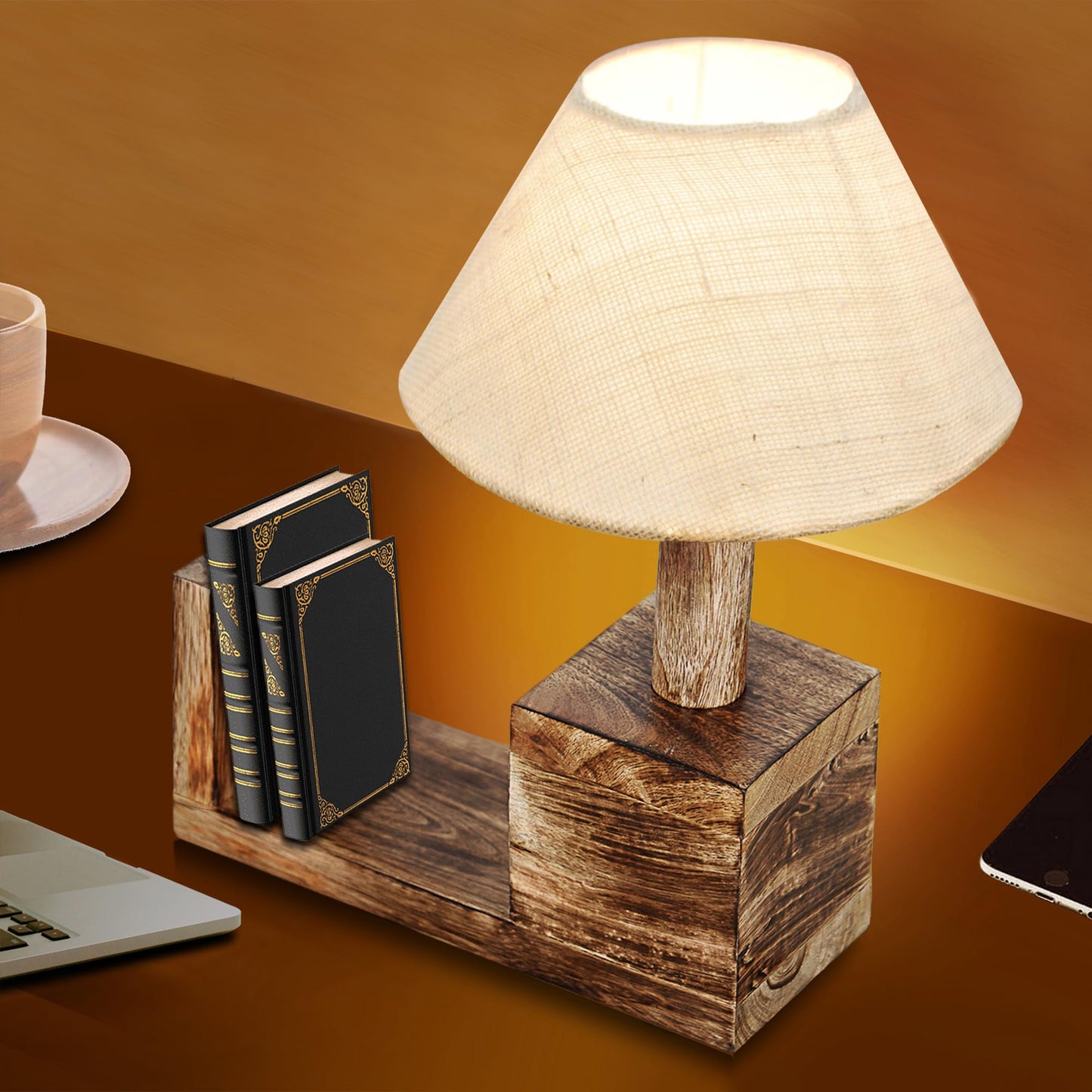 Rustic Book Shelf Table Lamp Bedside Antique Desk Lamps for Living Bedroom Study Night Desk Lamp E27 Holder, Fabric Shade