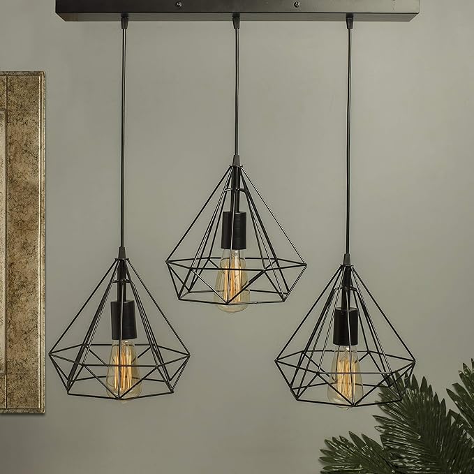 3-lights Cluster Chandelier Black Diamond Hanging Pendant Light with Black Cord