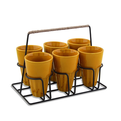 Homesake® Ceramic Chai Glass Set with Metal Stand, 6 Pieces Red Tea Glasses, Coffee, Kitchen, Dining Table & Home Serving, Dishwasher & Microwave Safe Tea Set, Hot & Cold Coffee Cup-120ml