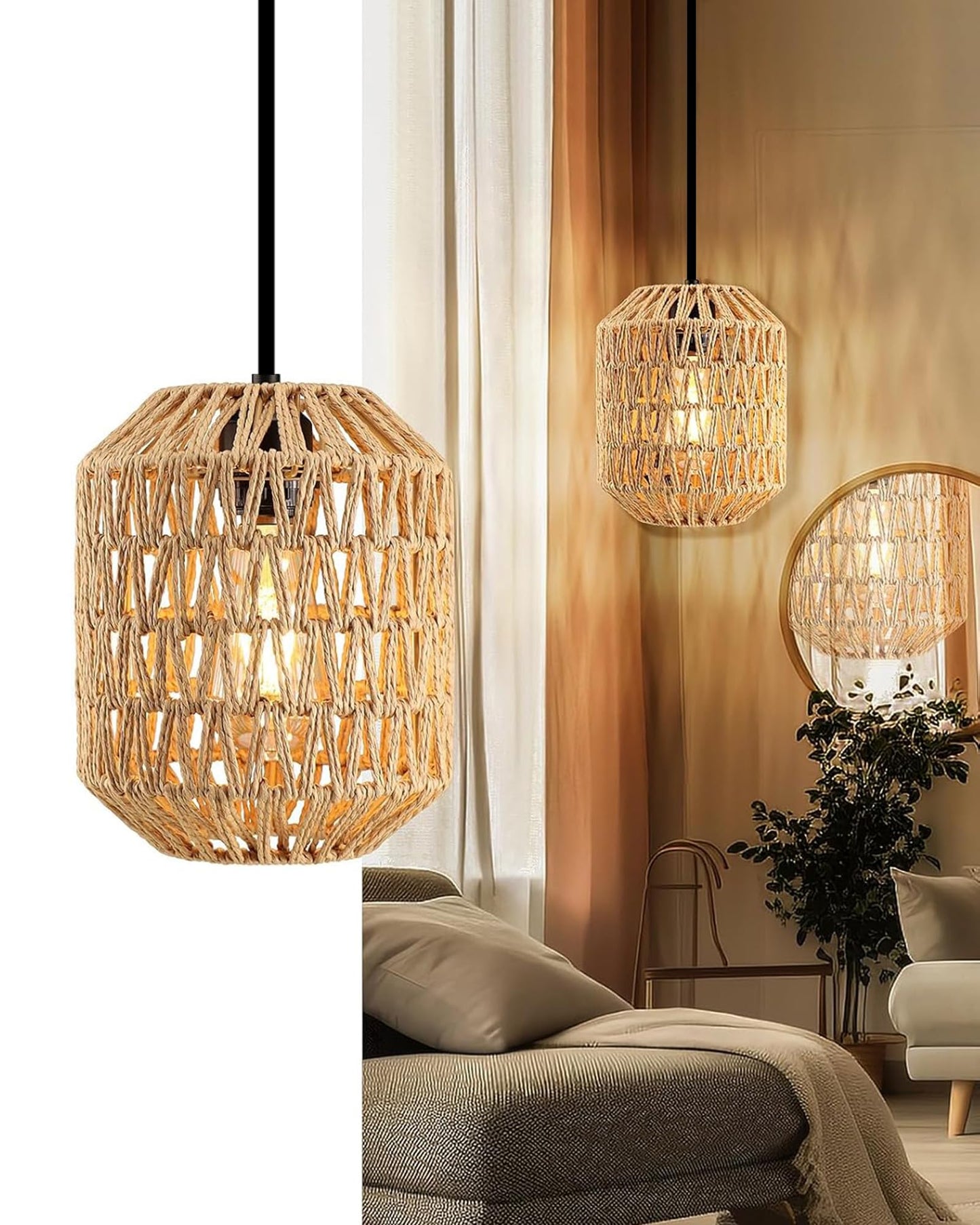 Homesake® Rattan Seagrass Raffia Kauna Paper Grass Wicker Lamp Premium Pendant Light | Livra Hanging Ceiling Lamp Handwoven, Paper Rope Boho Hand-Woven Lampshade for Home Decor, Beige, pumpkin