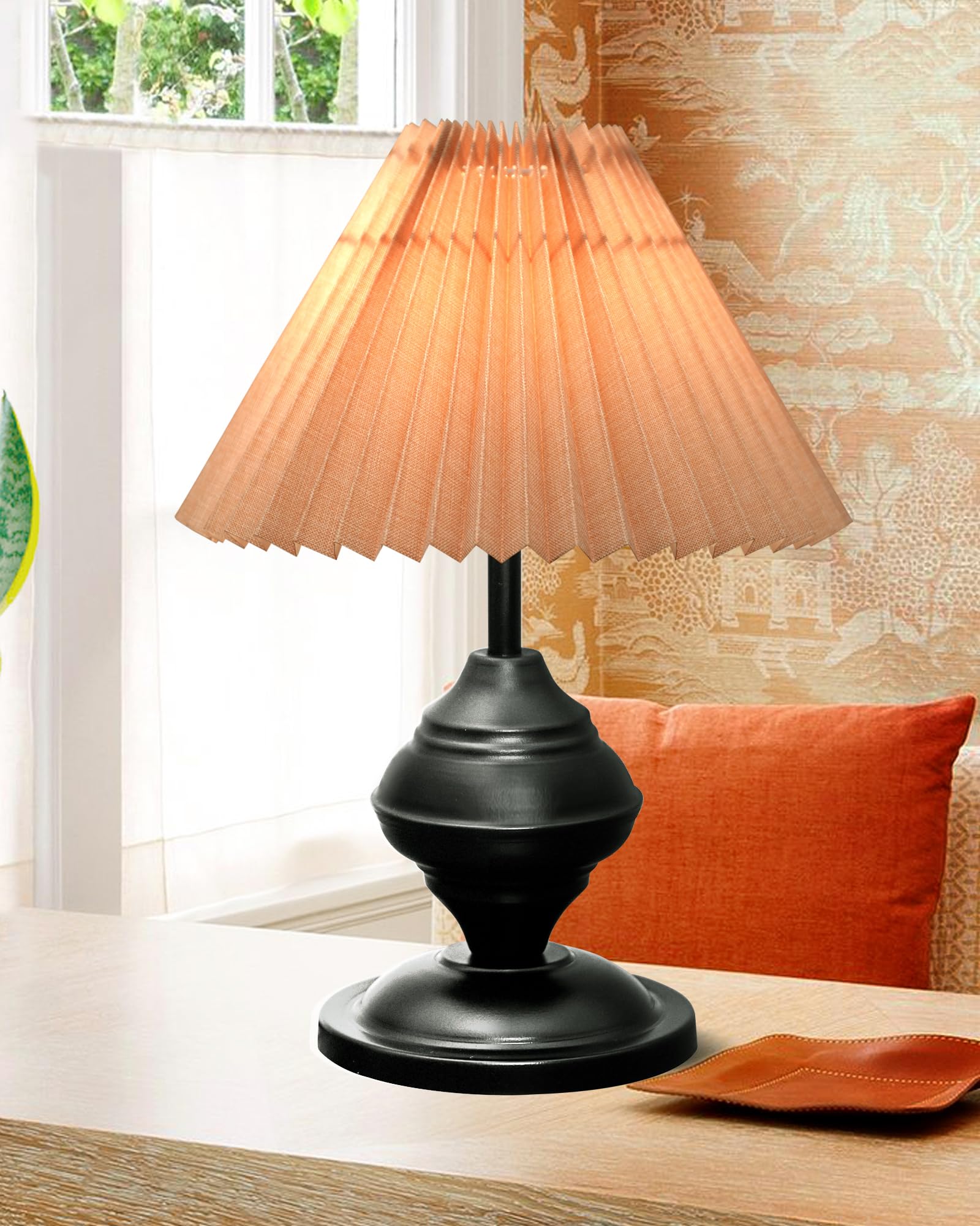 Bedside Black Metal Table Lamp with Fabric Shade, E27 holder, Urn, Pleated  Jute Shade