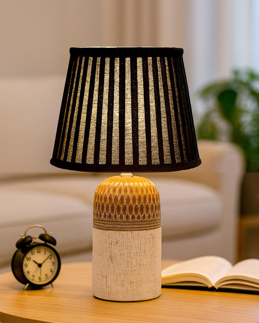 Homesake® Modern Ceramic Table Lamp with Fabric Shade, Minimal Bedside Lamp for Living Room & Bedroom, Brown Carved Honeycomb Pattern, Khadi Frill,