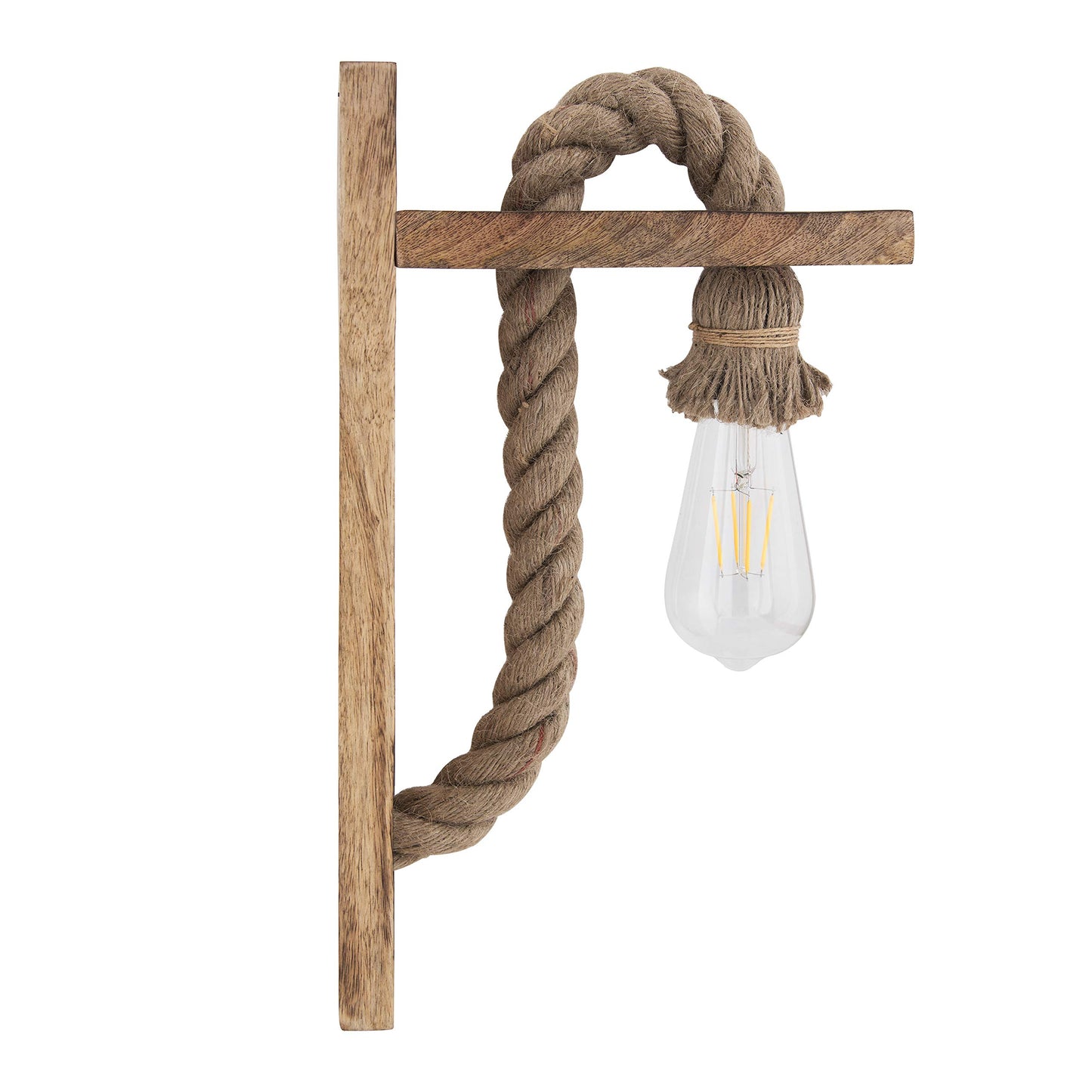 Rope Wall Lamp with Wooden Stand, E27 Holder with LED Filament Bulb, Decorative, Urban Retro Style, Antique Wood