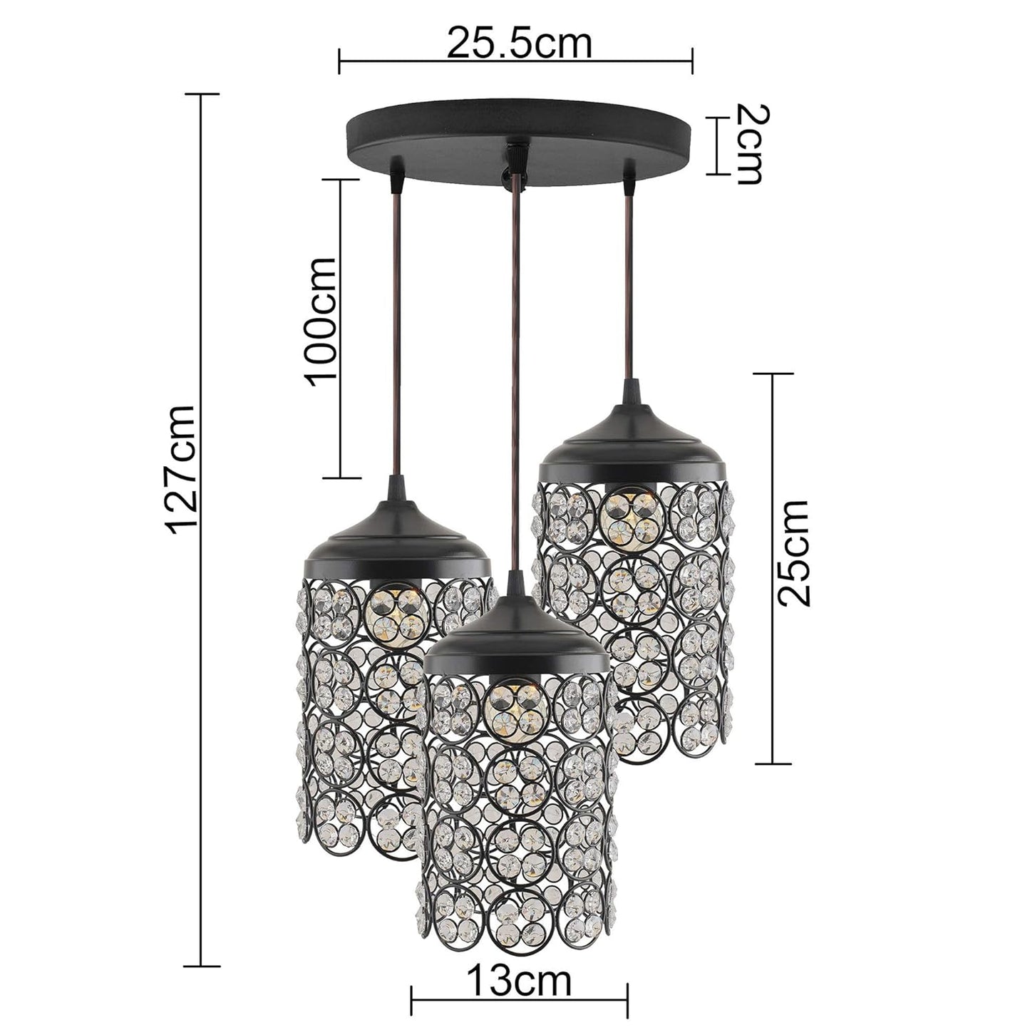 3-Lights Round Cluster Cylinder Chandelier Quad Crystal Hanging Light, Decorative, Black, Kitchen Area and Dining Room Light, LED/Filament Light