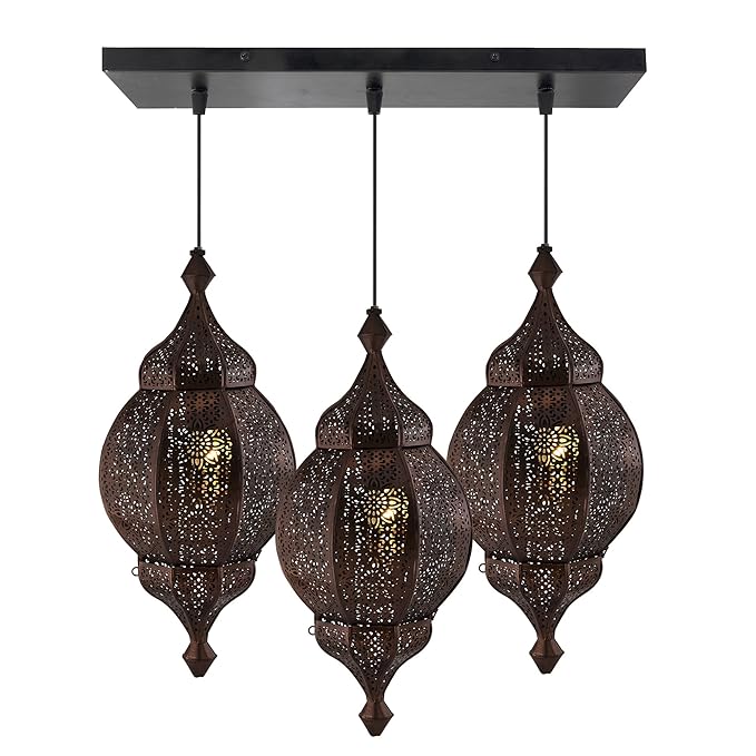 3-Lights Linear Cluster Chandelier Antique Classic Moroccan Orb Hanging Pendant Light, Kitchen Area and Dining Room Light, LED/Filament Light