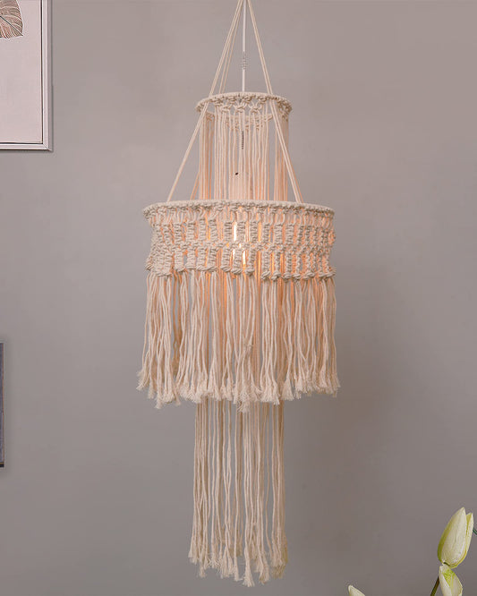 Macrame Lamp Shade Boho Hanging Pendant Light Cover,Handmade Woven Bohemian Decoration Chandelier Shade for Modern Office Bedroom Living Room Nursery Dorm, E27