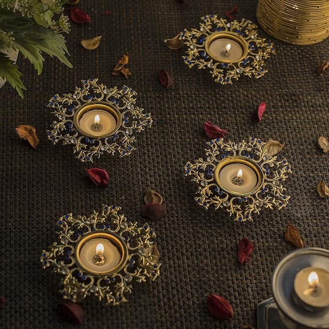Crystal Floral Vine Tea Light Candle Holders, Decorative Diya for Wedding Coffee Table,Small 4" Dia