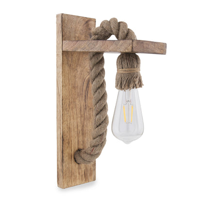 Rope Wall Lamp with Wooden Stand, E27 Holder with LED Filament Bulb, Decorative, Urban Retro Style, Antique Wood