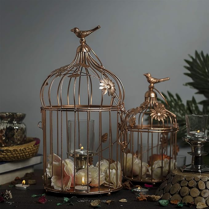 Copper Bird Cage with Floral Vine (Set of 2), with Hanging Chain