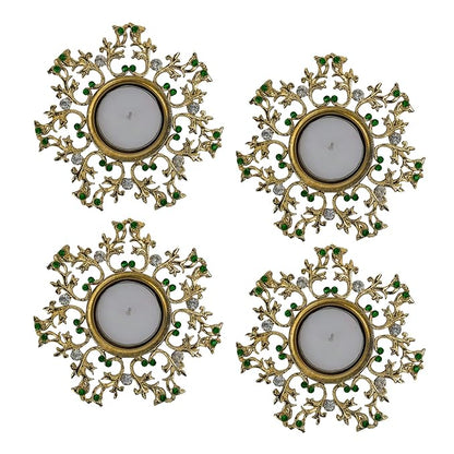 Crystal Floral Vine Tea Light Candle Holders, Decorative Diya for Wedding Coffee Table,Small 4" Dia