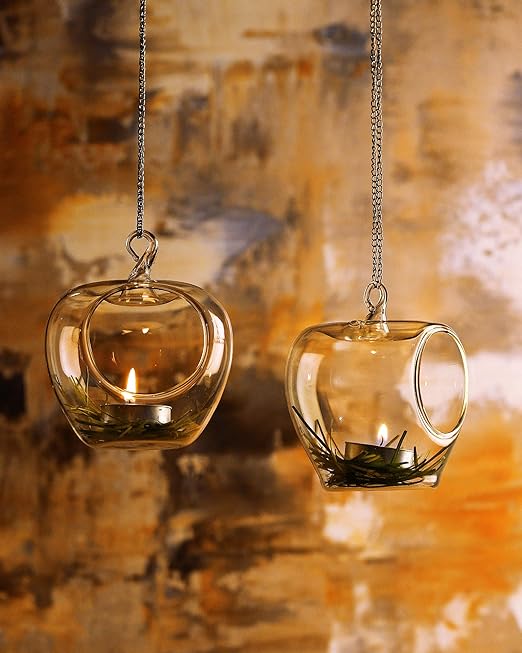 Glass Apple borosil, Tea Light, Hanging candles, Planters for Indoor and Outdoor Decoration pots for Plants Home Decor, with metal hanging chain, set of 2