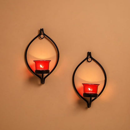 Set of 2 Decorative Black Eye Wall Sconce/Candle Holder With Glass and Free T-light Candles