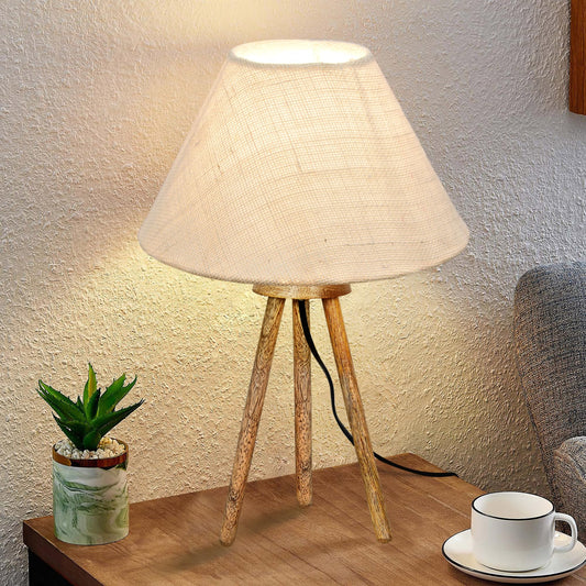 Wood Tripod Small Table Lamps, Rustic Antique Dimmable Bedside Lamp with Linen Lampshade, Nightstand Lamp for Nursery, Bedroom, Kid Room, Living Room,