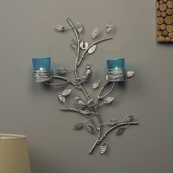 Tree with Bird Nest Votive Stand Turquoise, Wall Candle Holder and Tealight Candles