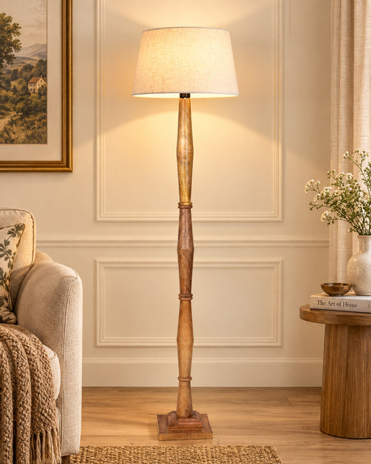 Wood Antique Candlestick Fabric Drum Shade Decor for Living Room Reading House Bedroom Home, Natural Diamond