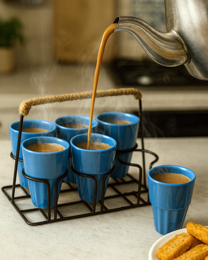 Homesake® Ceramic Chai Glass Set with Metal Stand, 6 Pieces Red Tea Glasses, Coffee, Kitchen, Dining Table & Home Serving, Dishwasher & Microwave Safe Tea Set, Hot & Cold Coffee Cup-120ml