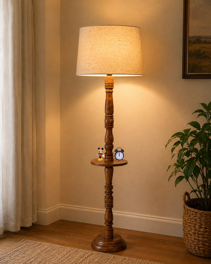 Rustic Wood Floor Lamp in Walnut Brown with Multicolor Fabric Lamp Shade | Light Decoration for Home Corner | Living Room & Bedroom Bedside Floor Lamp, Antique Floor Light, Tray End Table, Bird