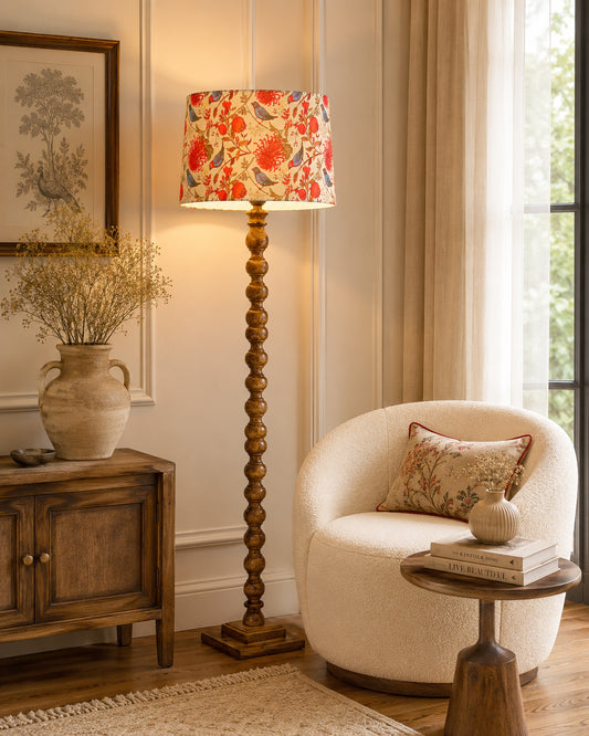 Rustic Wood Floor Lamp in Walnut Brown with Multicolor Fabric Lamp Shade | Light Decoration for Home Corner | Living Room & Bedroom Bedside Floor Lamp, Antique Floor Light, Sweetie Round, Bird