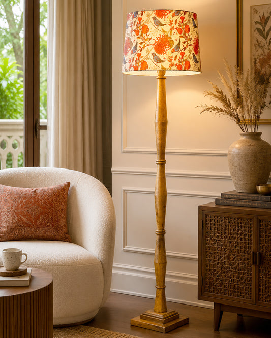 Rustic Wood Floor Lamp in Walnut Brown with Multicolor Fabric Lamp Shade | Light Decoration for Home Corner | Living Room & Bedroom Bedside Floor Lamp, Antique Floor Light, Fanny Figure, Bird
