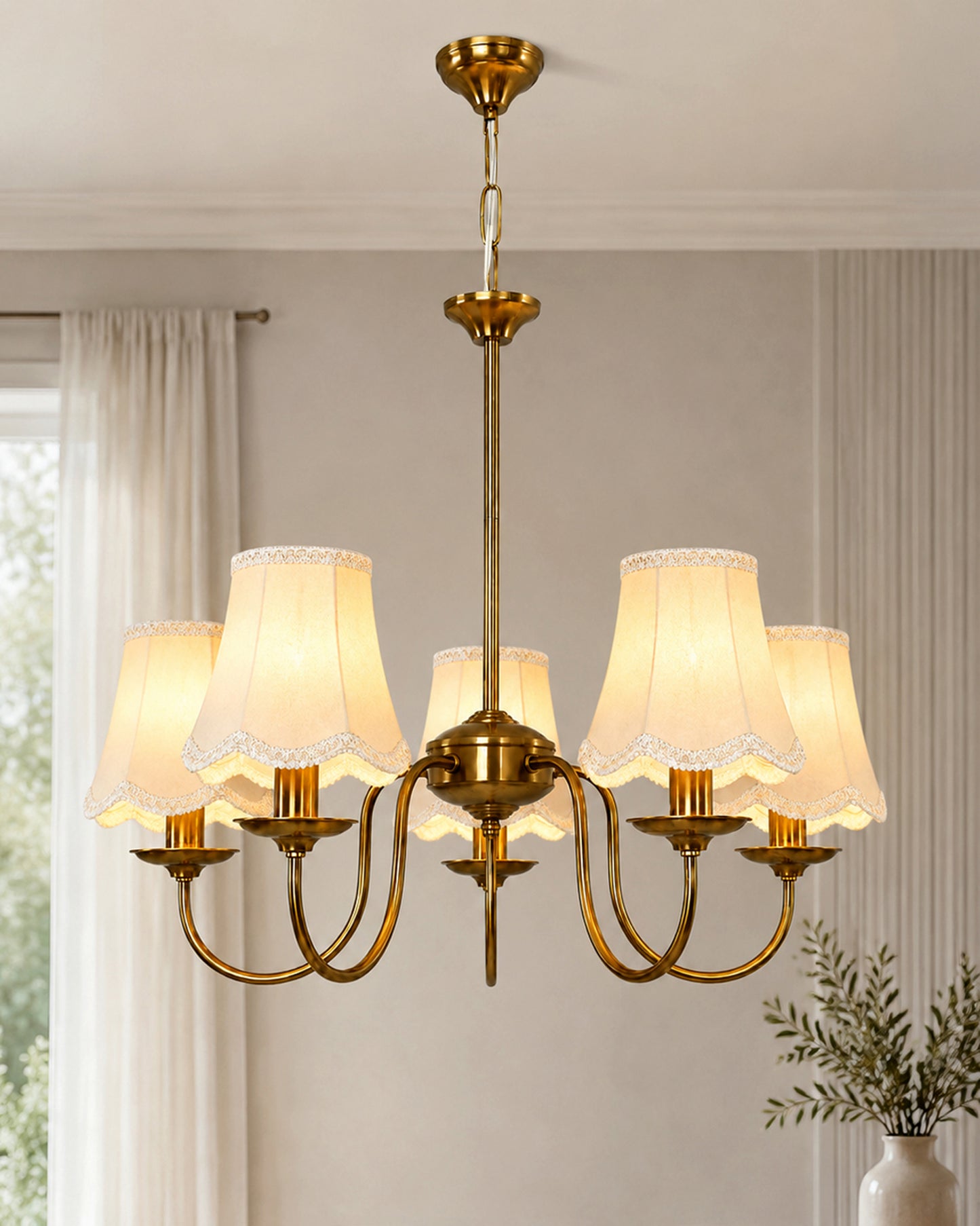Homesake® 5-Light Brass Gold Chandelier with Fabric Shades, E27 Modern Hanging Ceiling Light for Living Room, Dining Room, Bedroom & Foyer