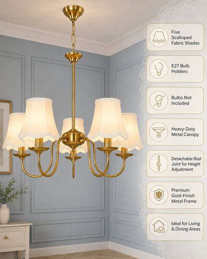 Homesake® 5-Light Brass Gold Chandelier with Fabric Shades, E27 Modern Hanging Ceiling Light for Living Room, Dining Room, Bedroom & Foyer